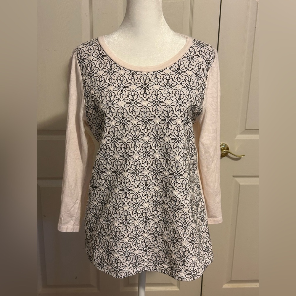 J. Crew white long sleeve tee with geometric black embroidery, Large